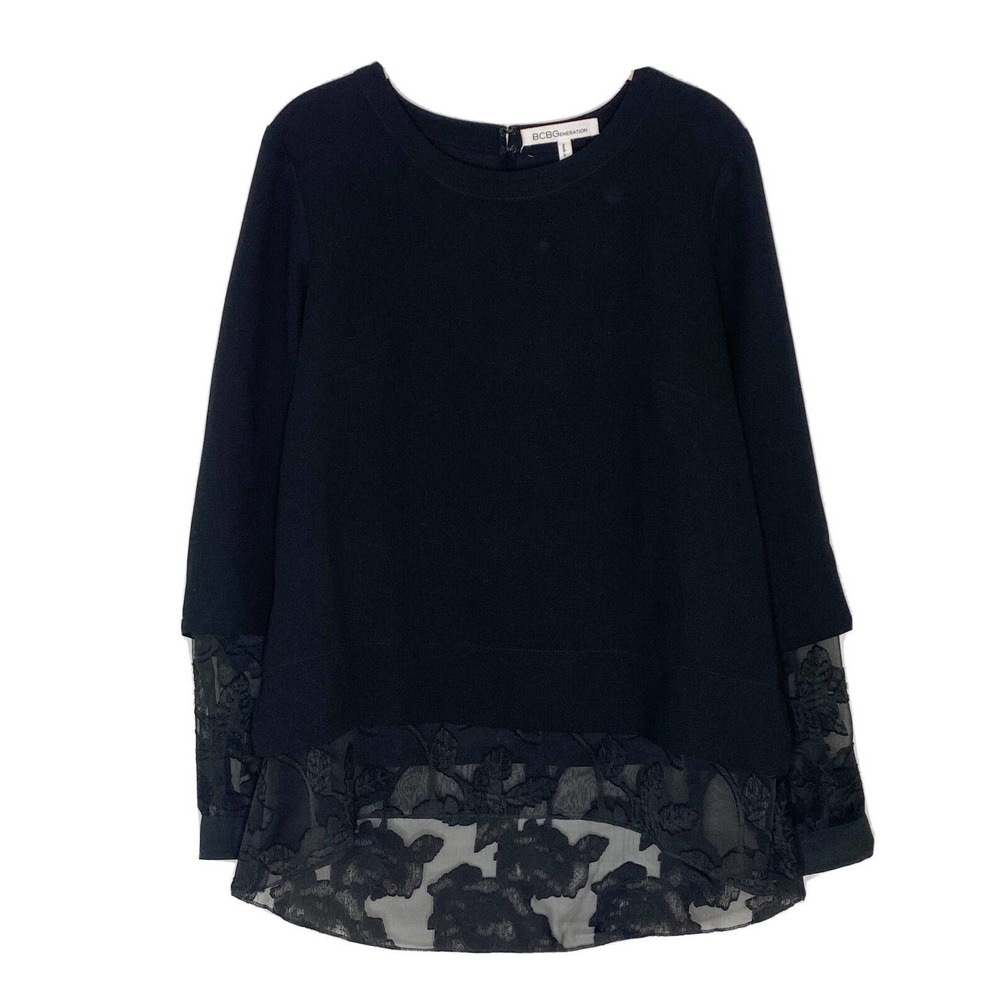 Bcbgeneration Black Blouse Sweater Peek A Boo Lace Top Long Sleeve Career Work M